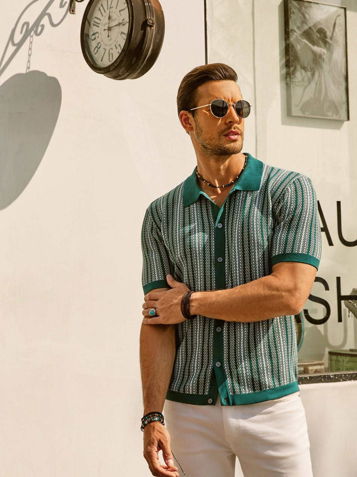 Męska koszulka polo Slim Fit z paskiem w stylu retro - lekka mieszanka bawełny i krótki rękaw