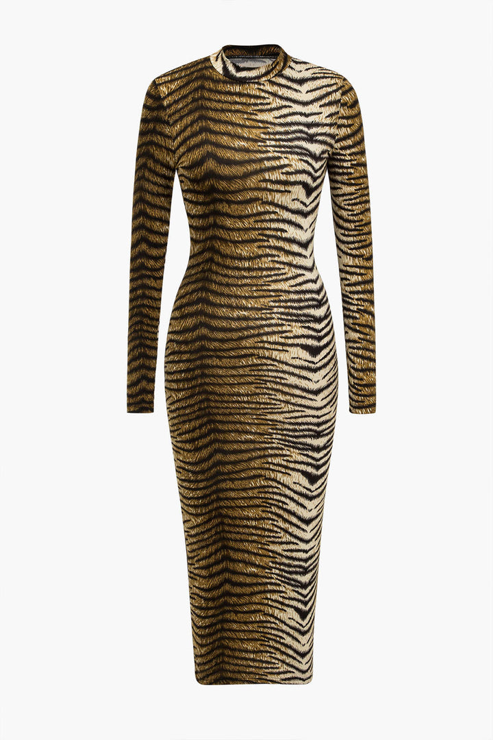 Gesamtkörperbetonter Damen-Midi-Kleid mit langen Ärmeln, hohem Kragen und trendigem Animal-Print für einen stilvollen Sitz
