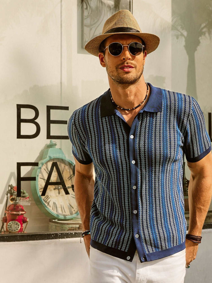 Męska koszulka polo Slim Fit z paskiem w stylu retro - lekka mieszanka bawełny i krótki rękaw