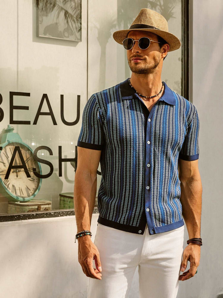 Męska koszulka polo Slim Fit z paskiem w stylu retro - lekka mieszanka bawełny i krótki rękaw