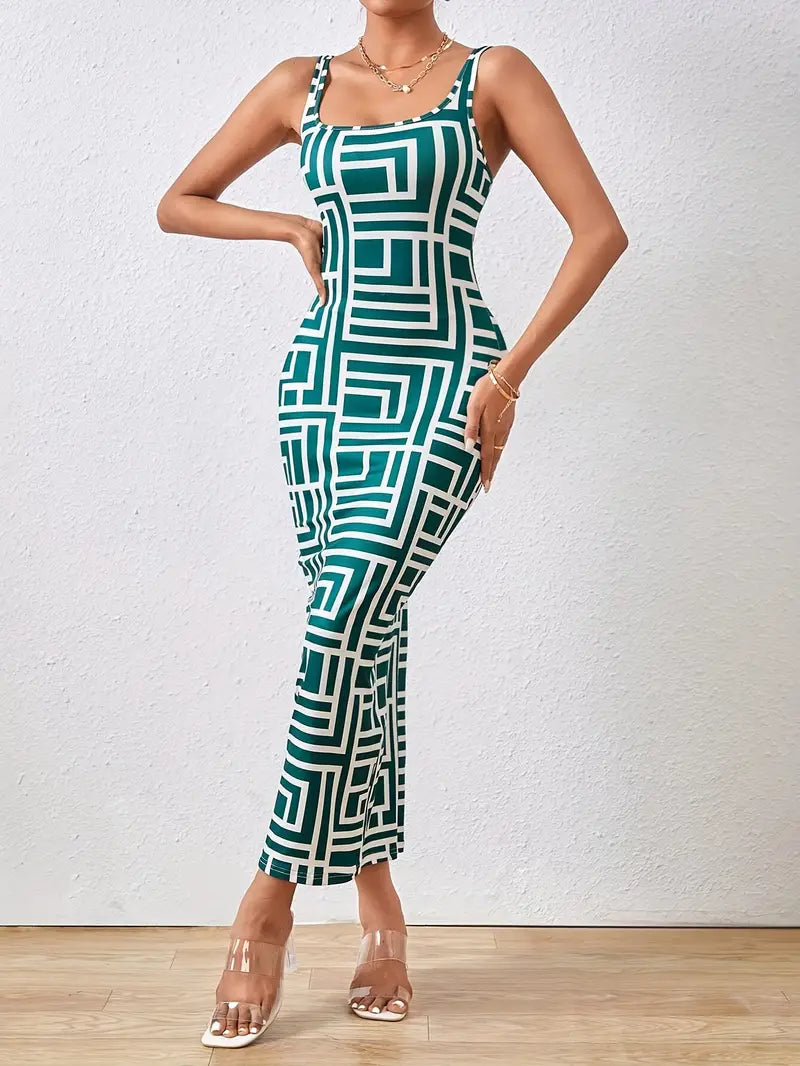 Elegant Women's Bodycon Midi Dress with Square Neck, Sleeveless Design and Modern Geometric Pattern for a Flattering Fit