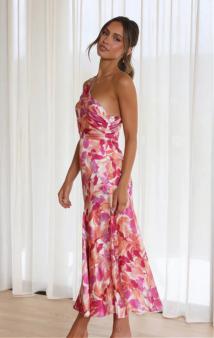 Aveline - Elegancka asymetryczna sukienka midi mit Blumenmuster für stilvolle Auftritte