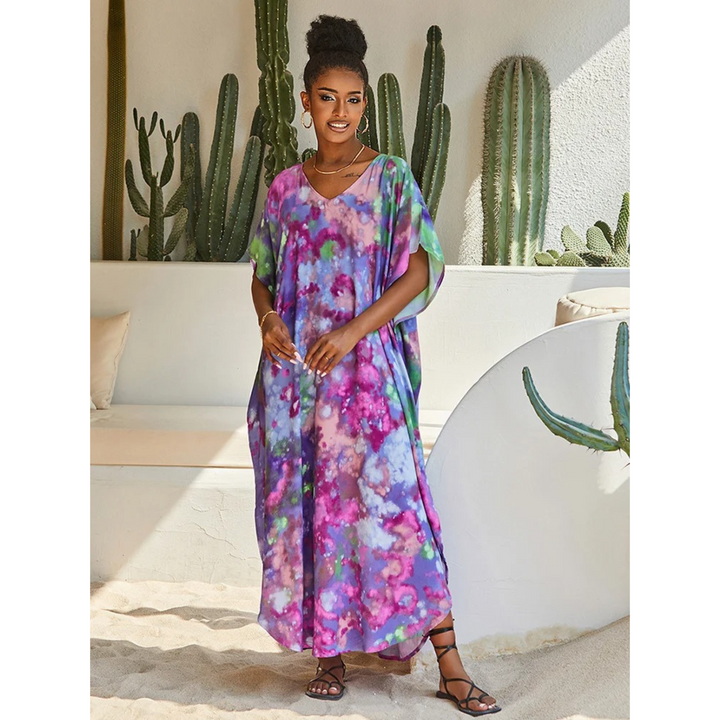 Elegant Women's Kaftan with Lightweight Flowy Fabric and V-Neck Loose Fit for Stylish Beach Cover-Up