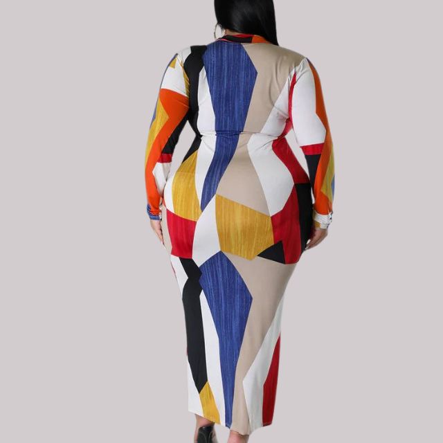 Elegant Women's Bodycon Midi Dress with V-Neck Collar, Long Sleeve Geometric Print