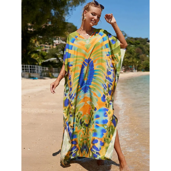 Elegant Women's Kaftan with Lightweight Flowy Fabric and V-Neck Loose Fit for Stylish Beach Cover-Up
