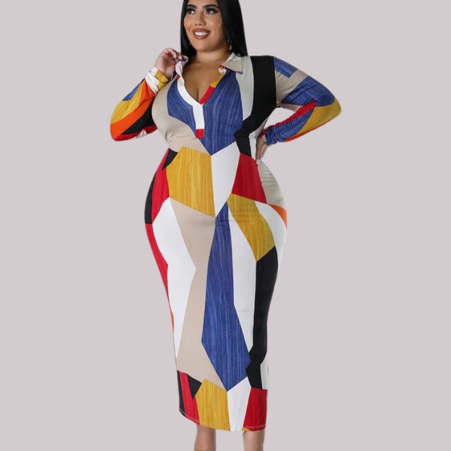 Elegant Women's Bodycon Midi Dress with V-Neck Collar, Long Sleeve Geometric Print
