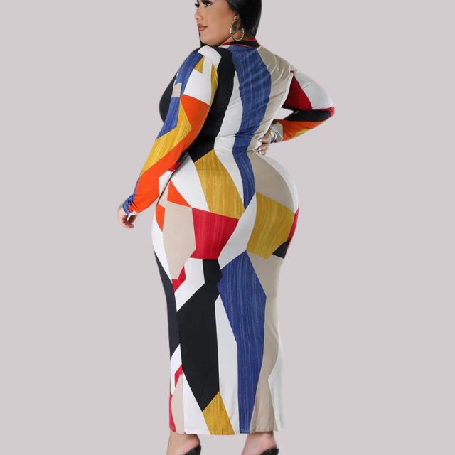 Elegant Women's Bodycon Midi Dress with V-Neck Collar, Long Sleeve Geometric Print