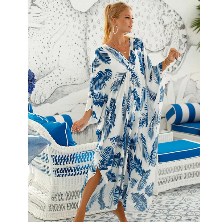 Elegant Women's Kaftan with Lightweight Flowy Fabric and V-Neck Loose Fit for Stylish Beach Cover-Up