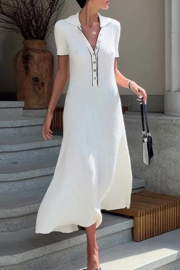 Vestido Midi de punto para mujer con textura acanalada, corte en línea A, escote en V y botones frontales