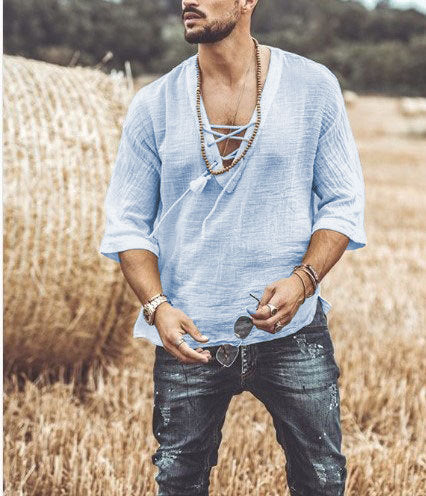 Koszulka męska - Coupe Relaxée - Encolure V Lacée - Manches 3/4 - Léger et Respirant