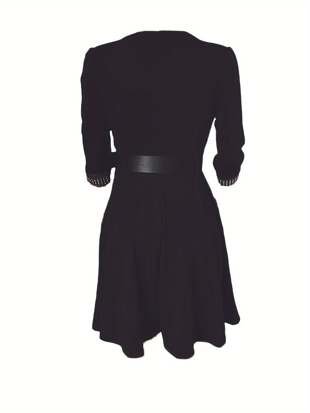 Elegant Women's V-Neck Embellished A-Line Dress with 3/4 Sleeves and Belted Waist