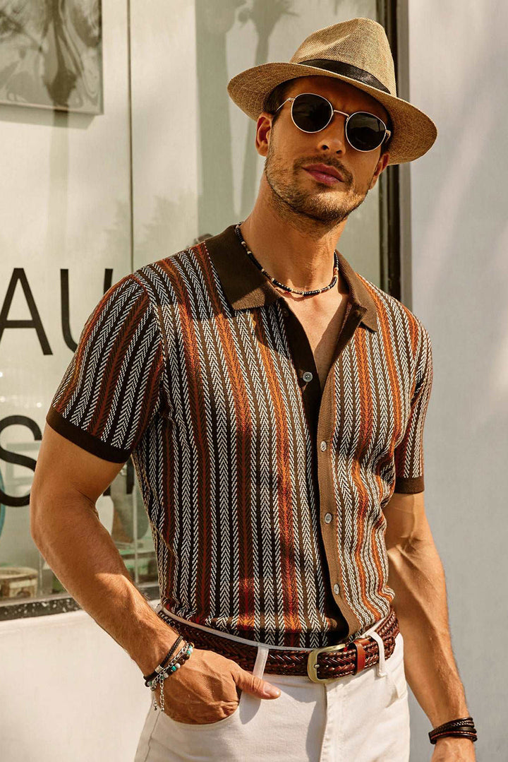 Męska koszulka polo Slim Fit z paskiem w stylu retro - lekka mieszanka bawełny i krótki rękaw