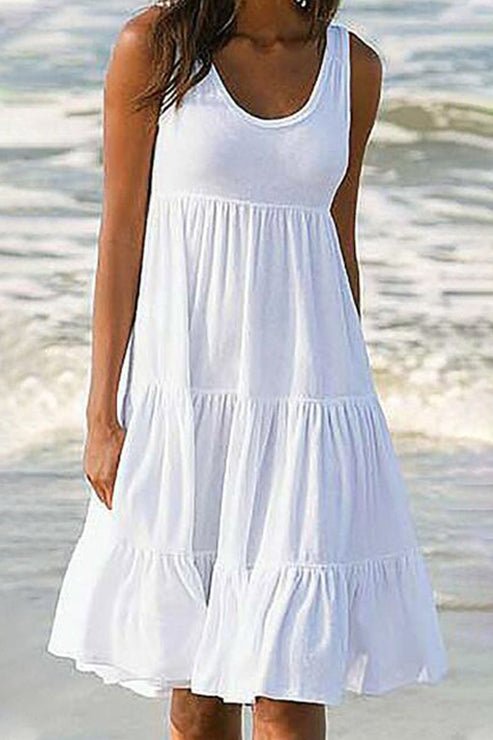 Elegant Sweet Solid Patchwork Tiered Cake Skirt Dress with Classic Round Neck