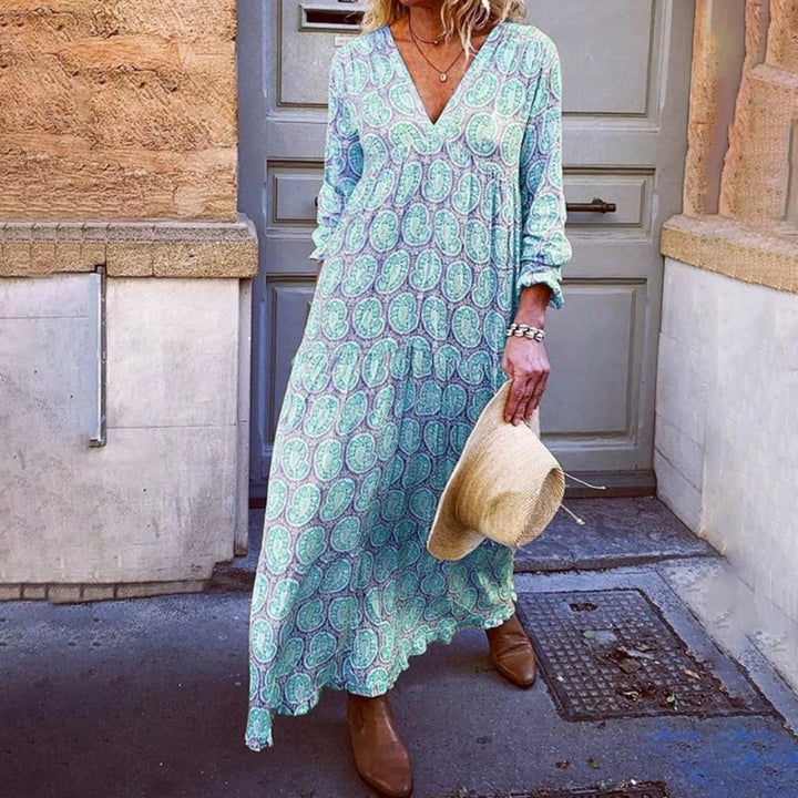 Liora - Elegancka letnia sukienka maxi z modnym geometrycznym nadrukiem w stylu boho-chic