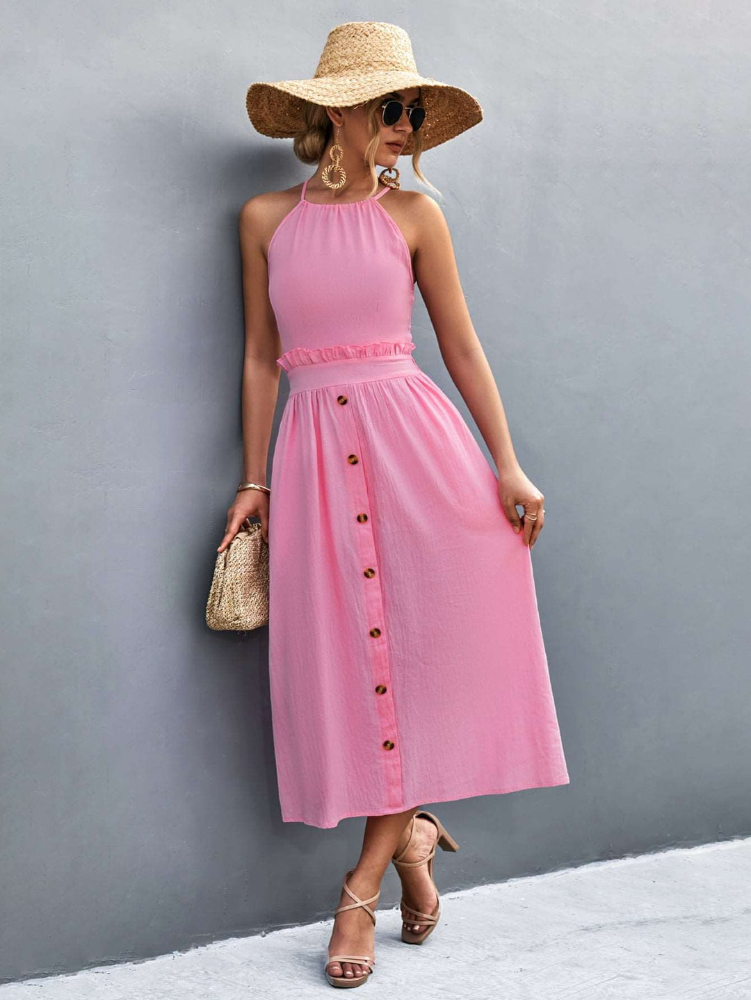 Elegant Women's Halter Neck Midi Dress with Sleeveless Button Front and Flowy A-Line Silhouette