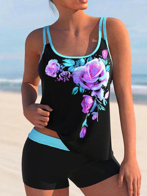 Badeanzug Damen Zweiteilig mit Blumenmuster - Bequemer Tankini für Strand und Pool