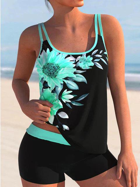Badeanzug Damen Zweiteilig mit Blumenmuster - Bequemer Tankini für Strand und Pool