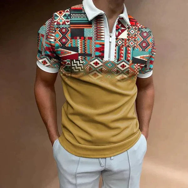 Męska koszulka polo o dopasowanym kroju z zapięciem na suwak i wzorem w retro paski - krótki rękaw