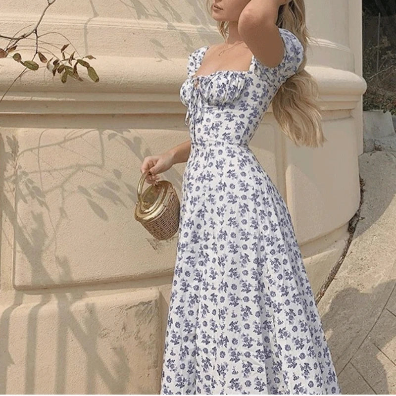Vestido floral para mujer con escote cuadrado, manga abullonada y falda midi en línea A con abertura lateral