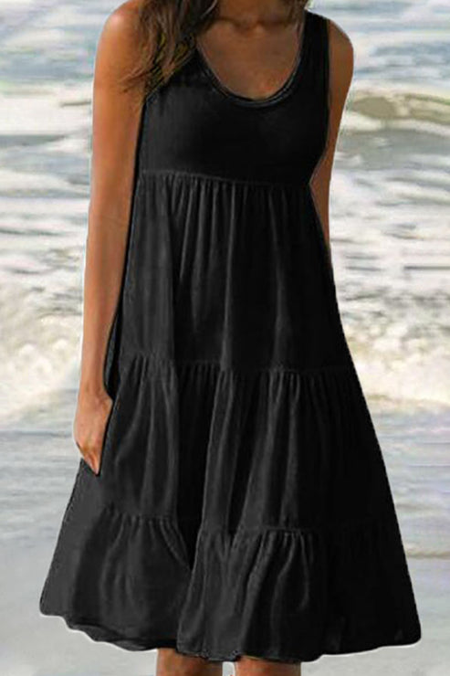 Elegant Sweet Solid Patchwork Tiered Cake Skirt Dress with Classic Round Neck