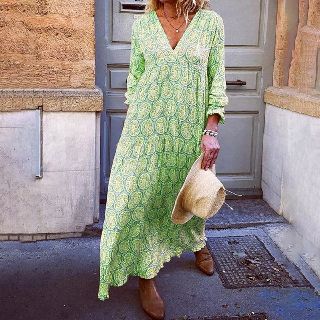 Liora - Elegancka letnia sukienka maxi z modnym geometrycznym nadrukiem w stylu boho-chic