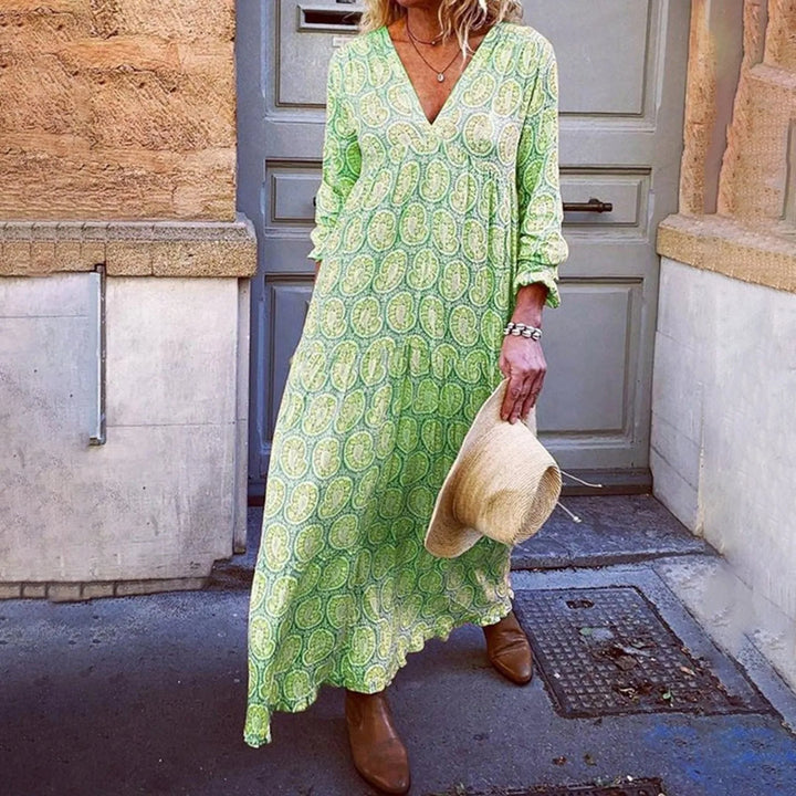 Liora - Elegancka letnia sukienka maxi z modnym geometrycznym nadrukiem w stylu boho-chic