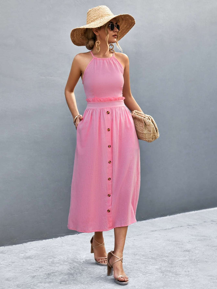 Elegant Women's Halter Neck Midi Dress with Sleeveless Button Front and Flowy A-Line Silhouette