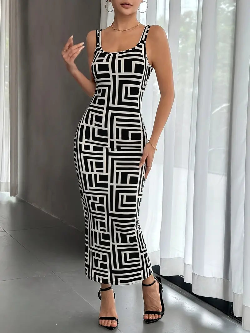 Elegant Women's Bodycon Midi Dress with Square Neck, Sleeveless Design and Modern Geometric Pattern for a Flattering Fit