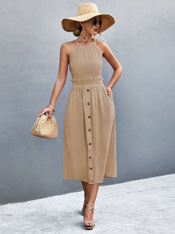 Elegant Women's Halter Neck Midi Dress with Sleeveless Button Front and Flowy A-Line Silhouette