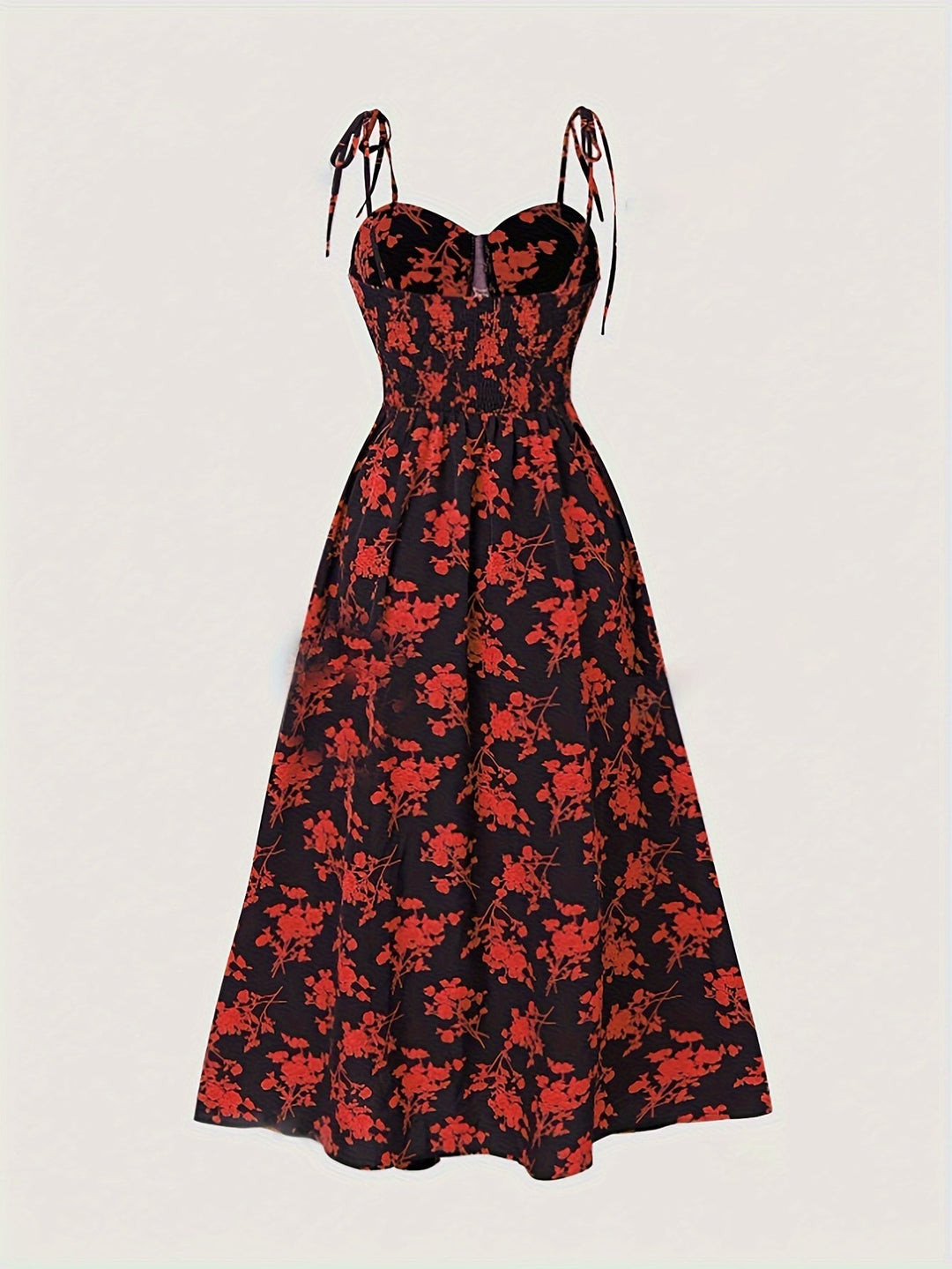 Seductive Floral Print Midi Dress with Elegant Tie Straps for Women