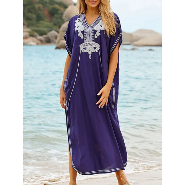 Elegant Women's Kaftan with Lightweight Flowy Fabric and V-Neck Loose Fit for Stylish Beach Cover-Up