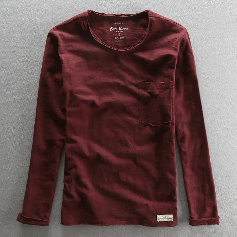 Stylowa bawełniana koszula z długim rękawem w stylu vintage z dekoltem o-neck dla mężczyzn
