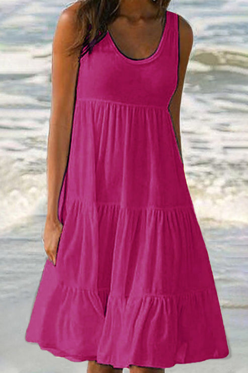 Elegant Sweet Solid Patchwork Tiered Cake Skirt Dress with Classic Round Neck