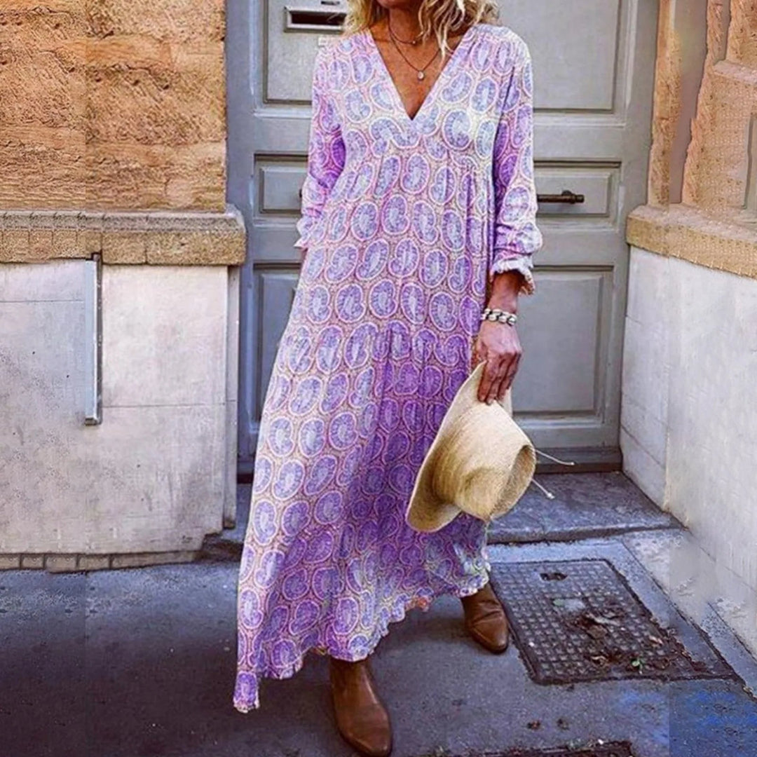 Liora - Elegancka letnia sukienka maxi z modnym geometrycznym nadrukiem w stylu boho-chic