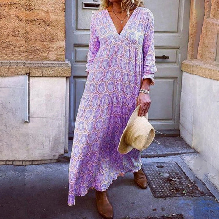 Liora - Elegancka letnia sukienka maxi z modnym geometrycznym nadrukiem w stylu boho-chic