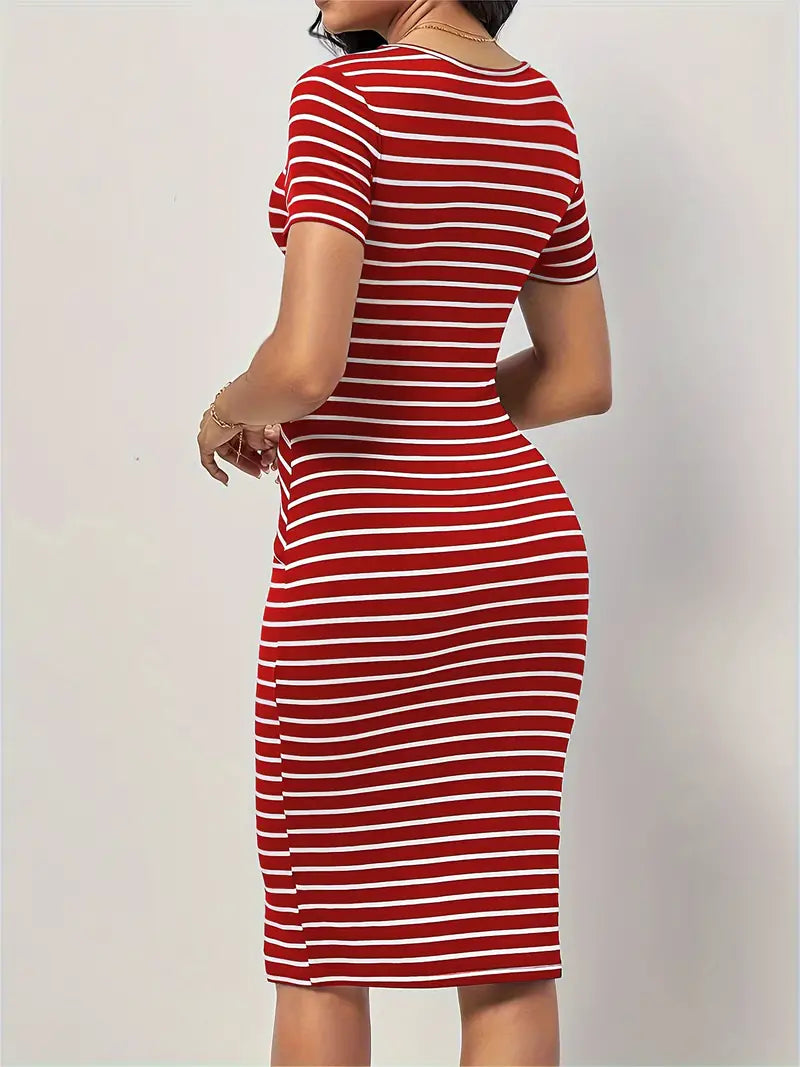 Elegancka damska sukienka bodycon ze stylowym wzorem w paski, krótkimi rękawami, okrągłym dekoltem i dopasowanym krojem do kolan
