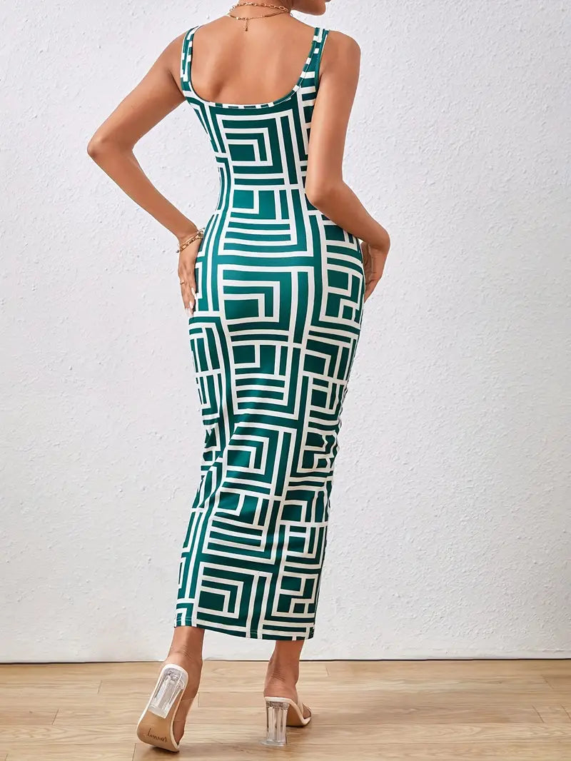 Elegant Women's Bodycon Midi Dress with Square Neck, Sleeveless Design and Modern Geometric Pattern for a Flattering Fit