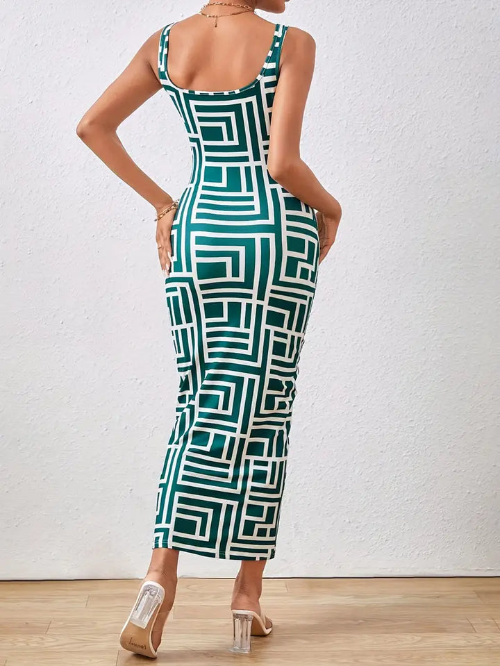 Elegant Women's Bodycon Midi Dress with Square Neck, Sleeveless Design and Modern Geometric Pattern for a Flattering Fit