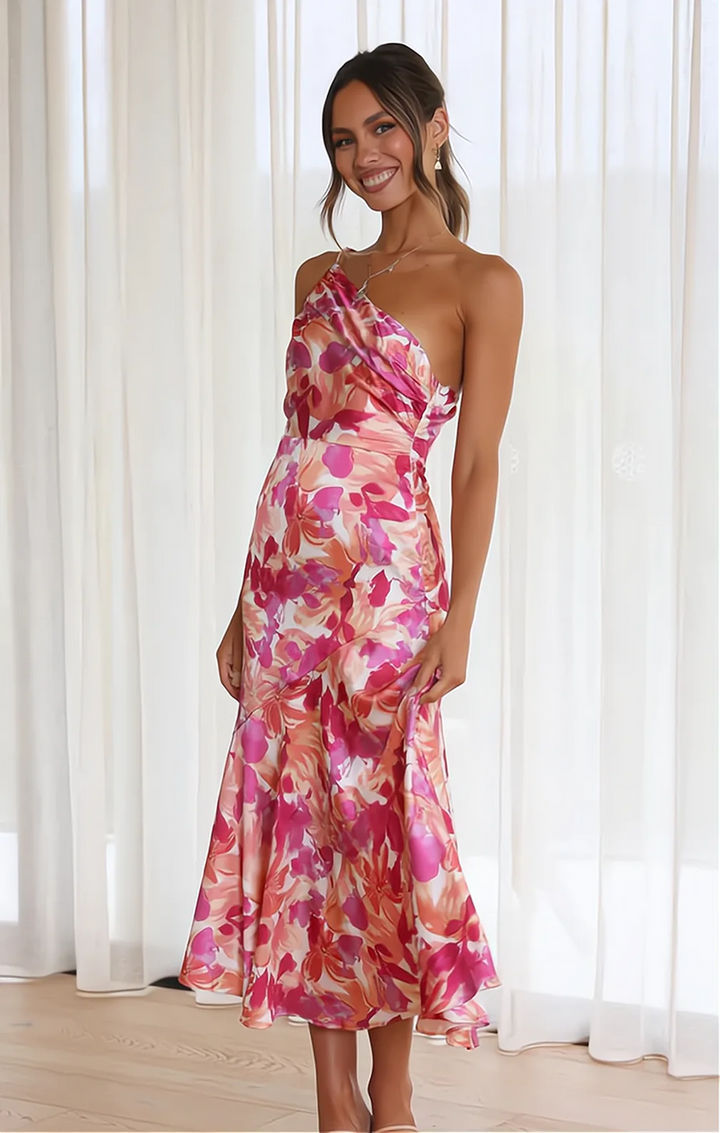 Aveline - Elegancka asymetryczna sukienka midi mit Blumenmuster für stilvolle Auftritte