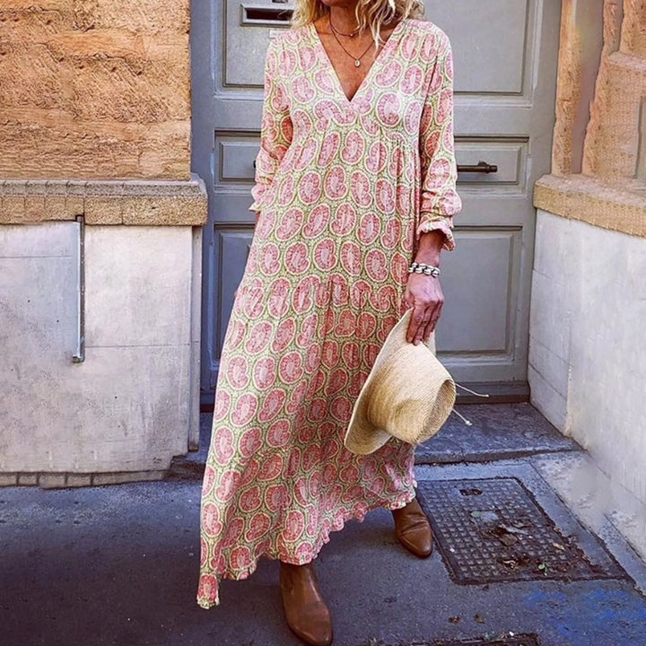 Liora - Elegancka letnia sukienka maxi z modnym geometrycznym nadrukiem w stylu boho-chic
