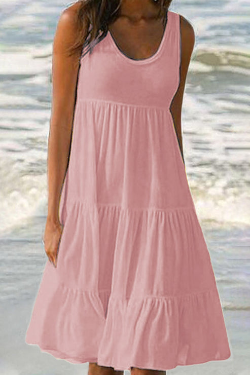 Elegant Sweet Solid Patchwork Tiered Cake Skirt Dress with Classic Round Neck