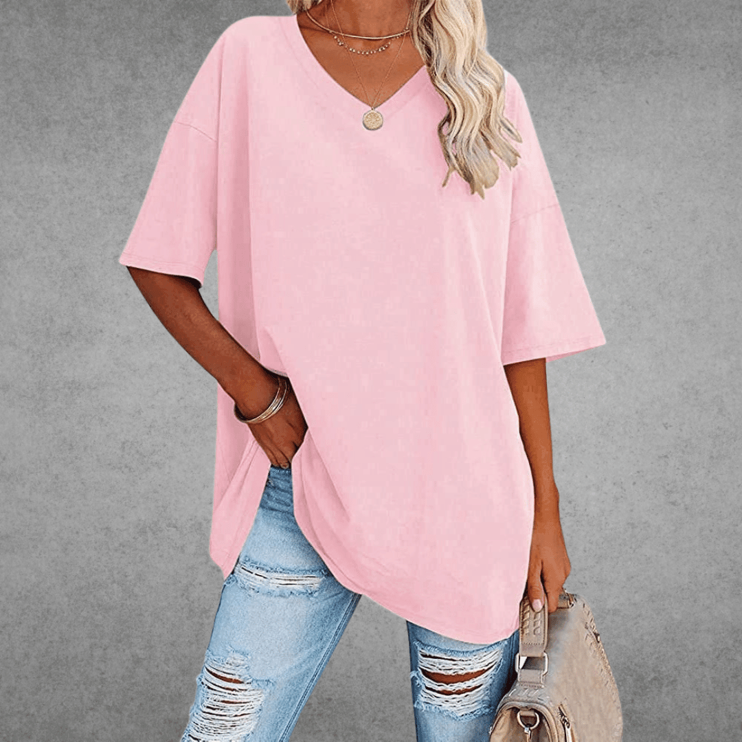 T-shirt damski z melanżu bawełny z dekoltem w szpic - Wygoda i styl zapewnione