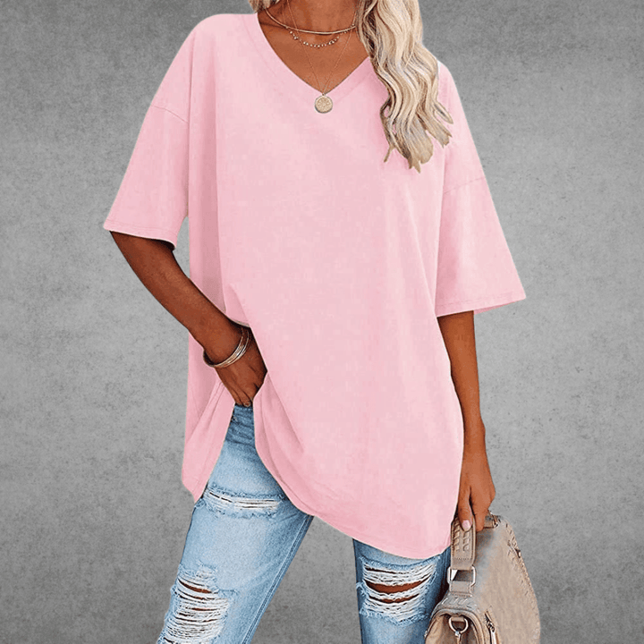 T-shirt damski z melanżu bawełny z dekoltem w szpic - Wygoda i styl zapewnione