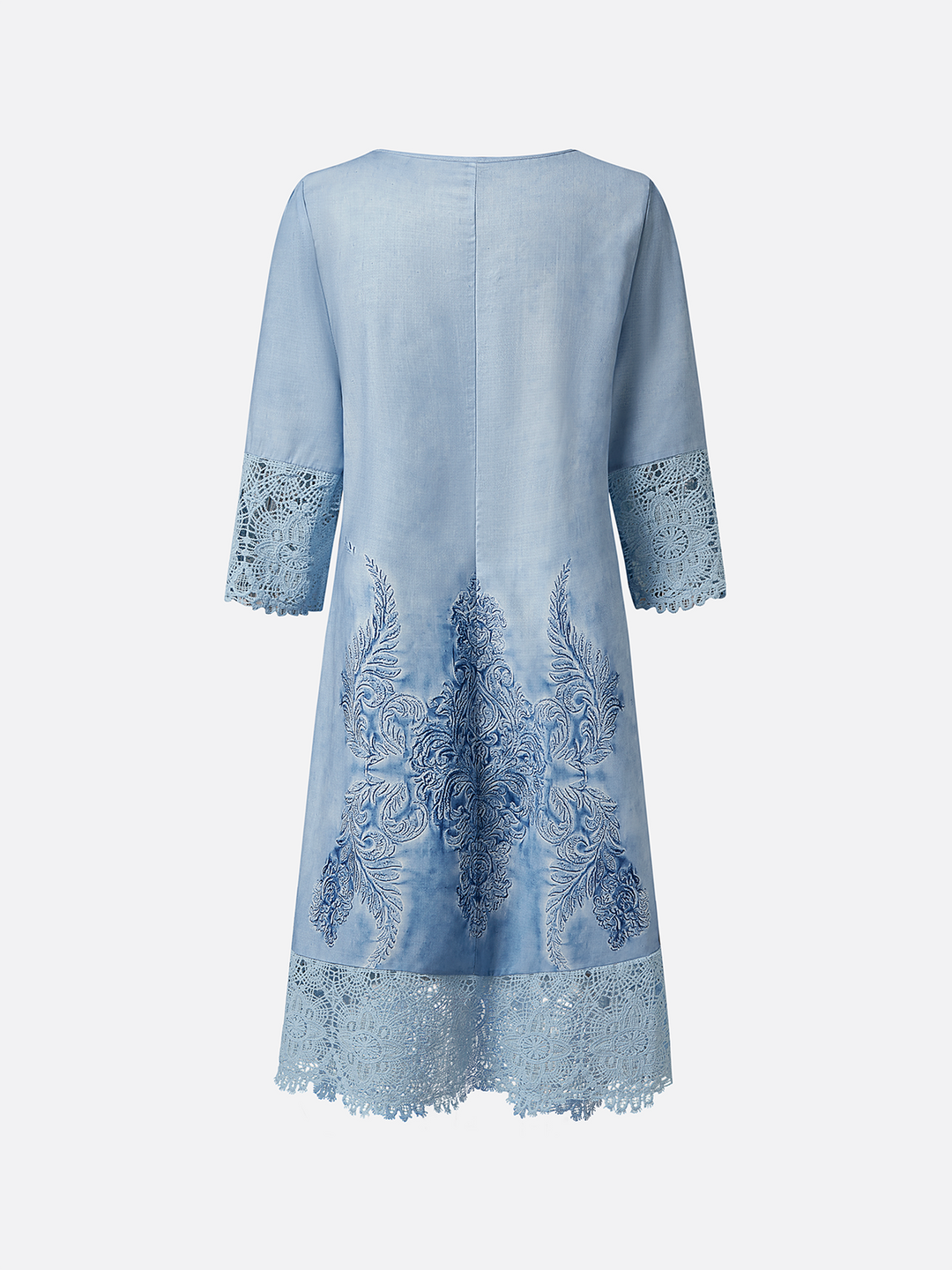 Elegante Damenkleid - Knielang - Drei-Viertel-Ärmel - Spitze und Stickerei - V-Ausschnitt mit Knopfleiste