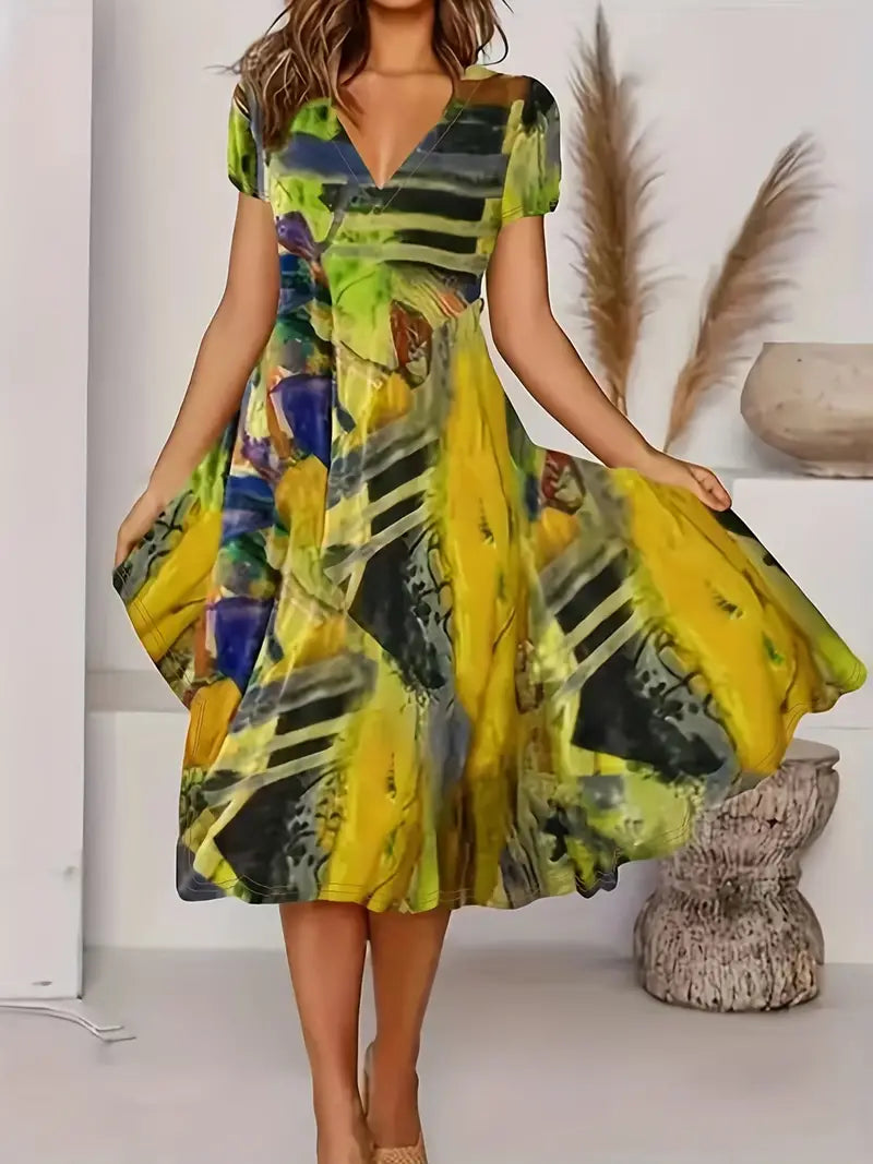 Elegant Women's V-Neck A-Line Dress with Short Puff Sleeves and Stylish Abstract Print Midi Length