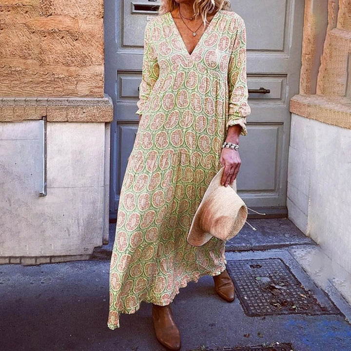 Liora - Elegancka letnia sukienka maxi z modnym geometrycznym nadrukiem w stylu boho-chic