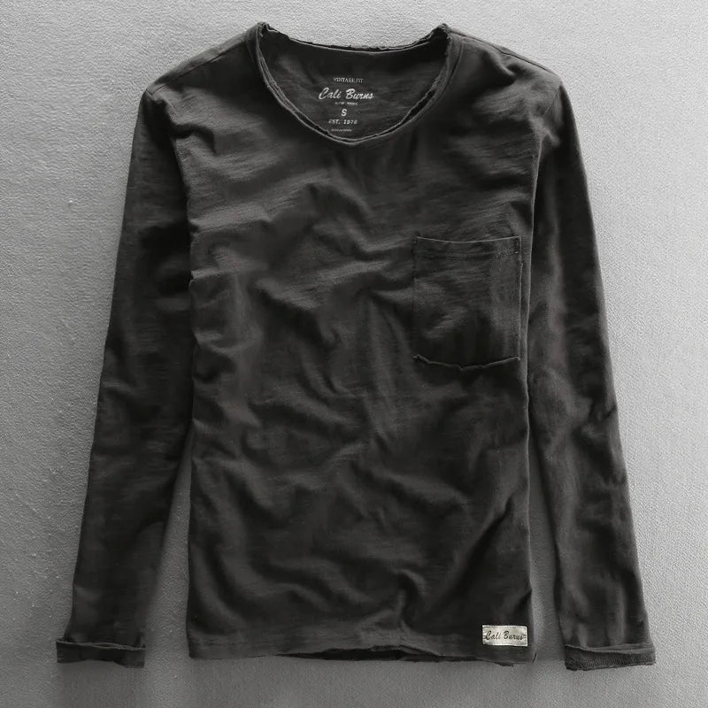 Stylowa bawełniana koszula z długim rękawem w stylu vintage z dekoltem o-neck dla mężczyzn