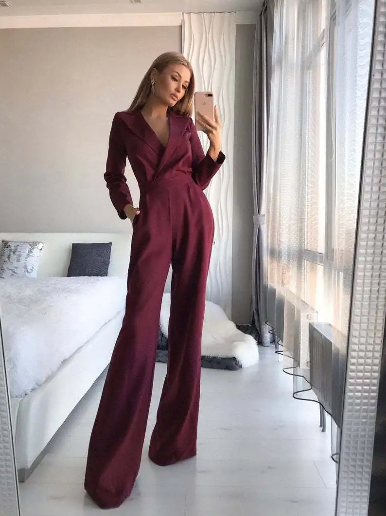Sofia Elegancki kombinezon z dekoltem w szpic i luźnymi rurkami dla kobiet