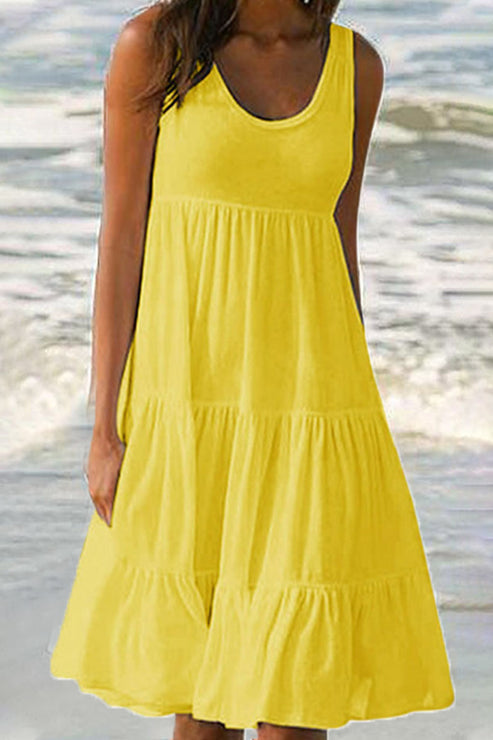 Elegant Sweet Solid Patchwork Tiered Cake Skirt Dress with Classic Round Neck