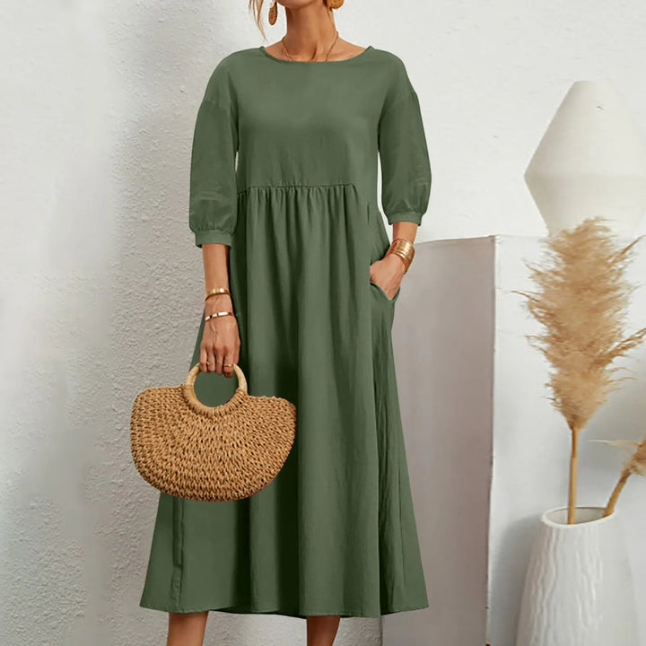 Celine - Elegancka sukienka midi z modnymi patchworkowymi detalami
